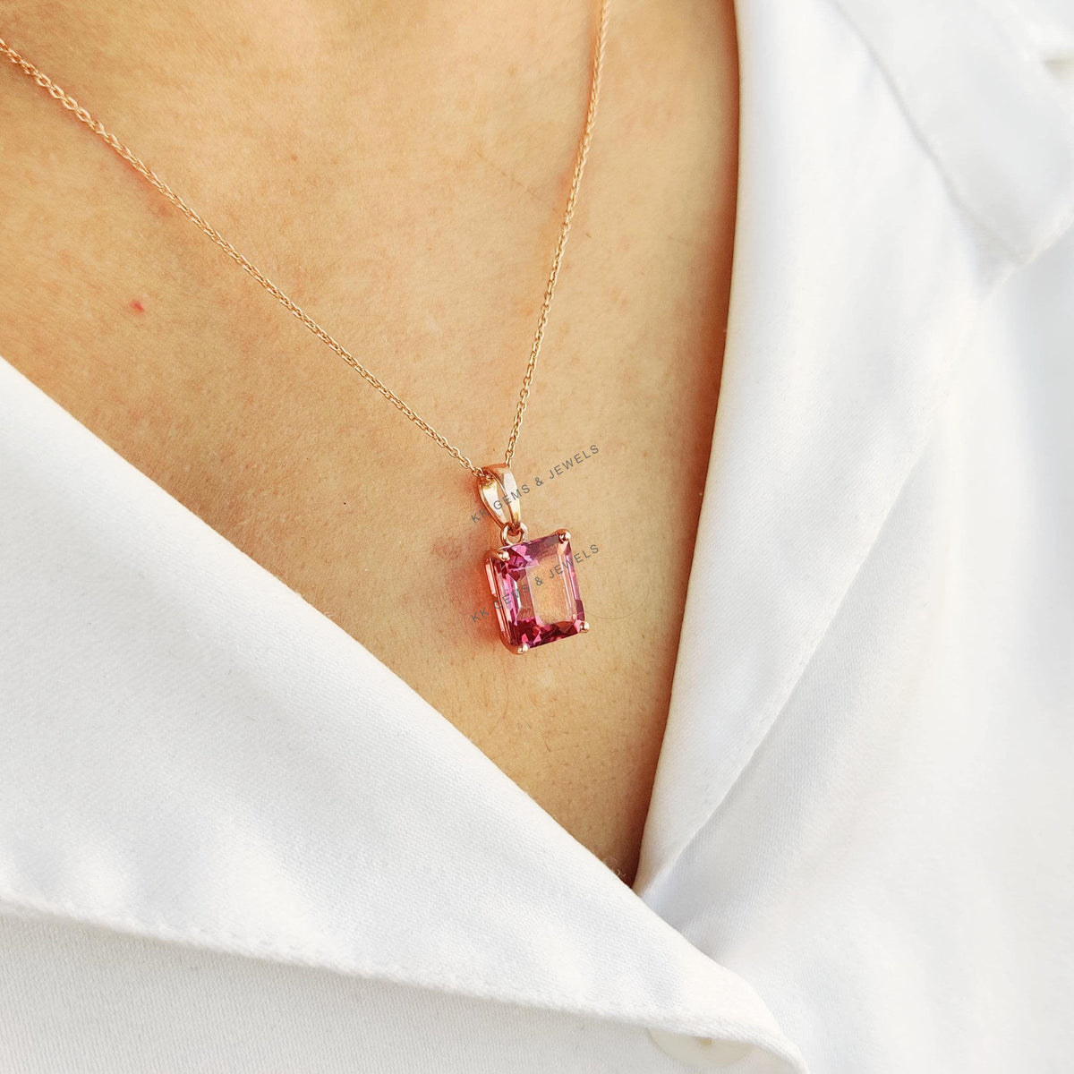 Emerald Cut Natural Pink Topaz Pendant, 14K Solid Rose Gold
