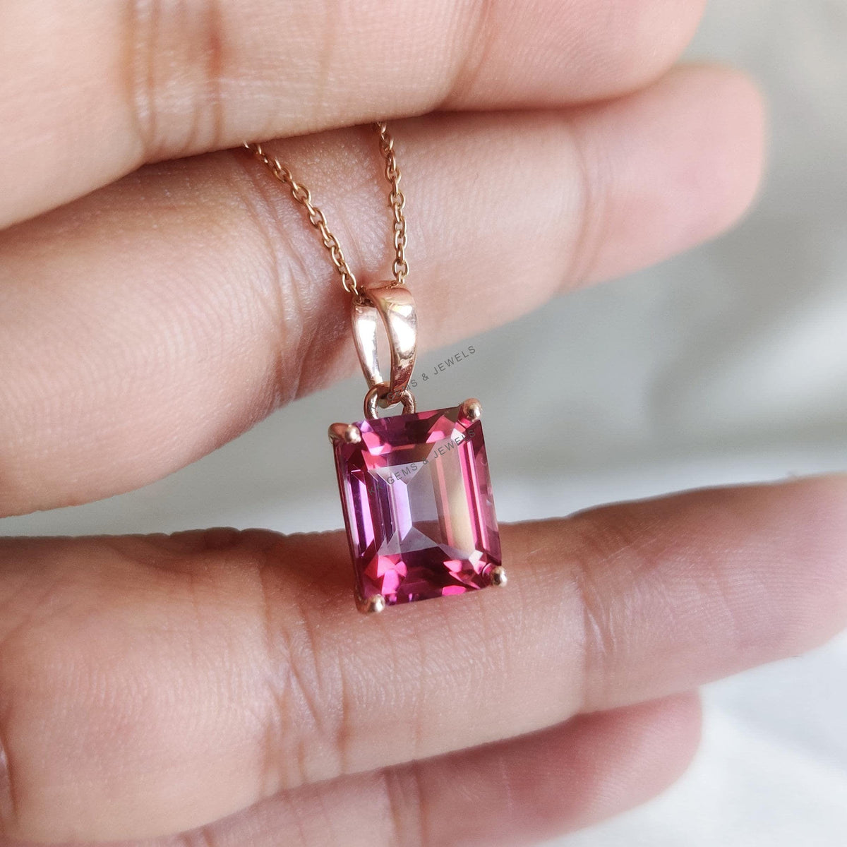 Emerald Cut Natural Pink Topaz Pendant, 14K Solid Rose Gold