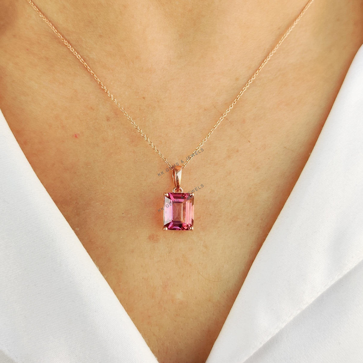 Emerald Cut Natural Pink Topaz Pendant, 14K Solid Rose Gold