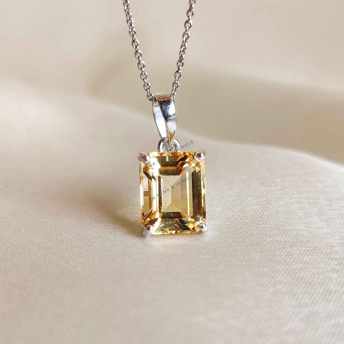 Natural Citrine Pendant, 14K Solid White Gold Emerald Cut, November Birthstone