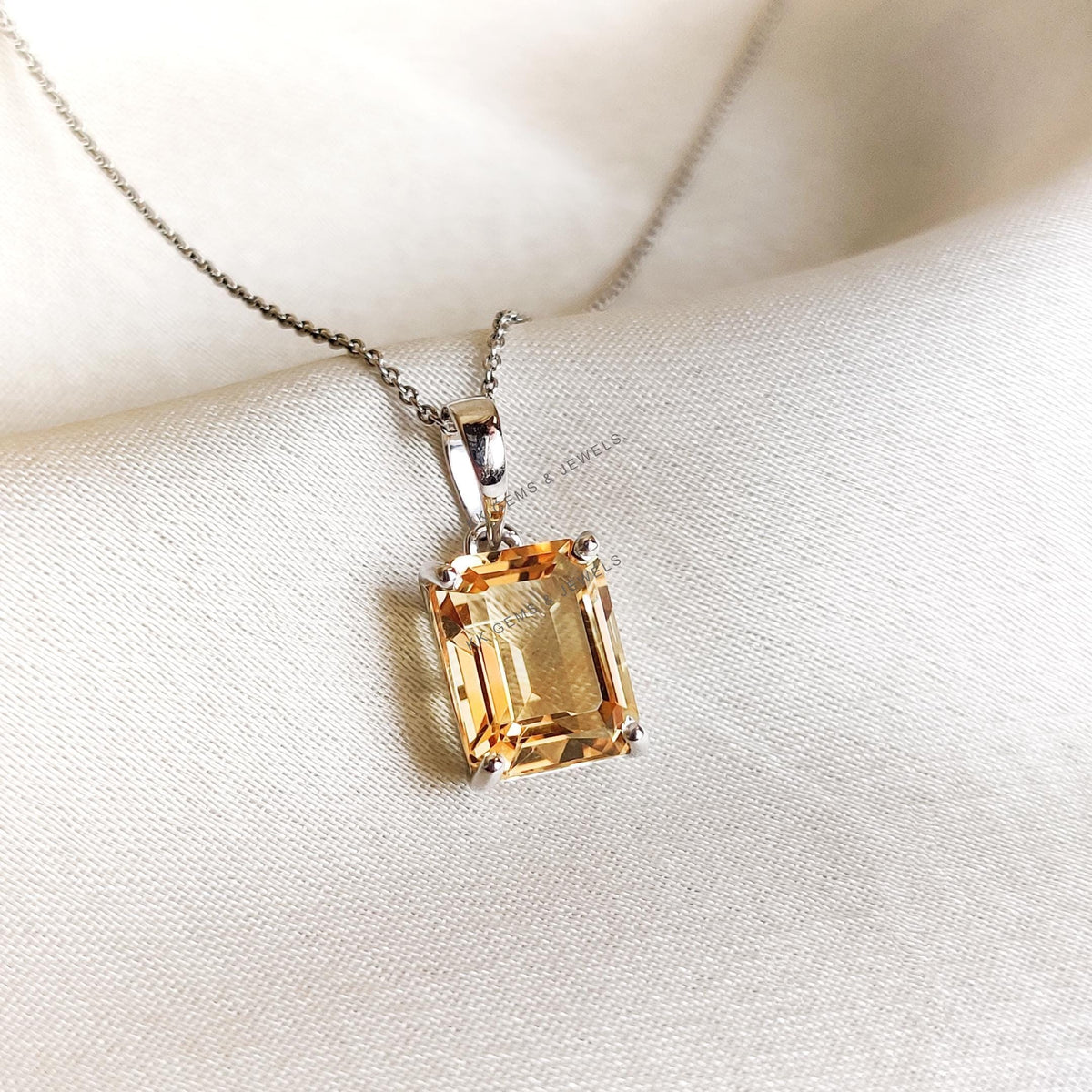 Natural Citrine Pendant, 14K Solid White Gold Emerald Cut, November Birthstone