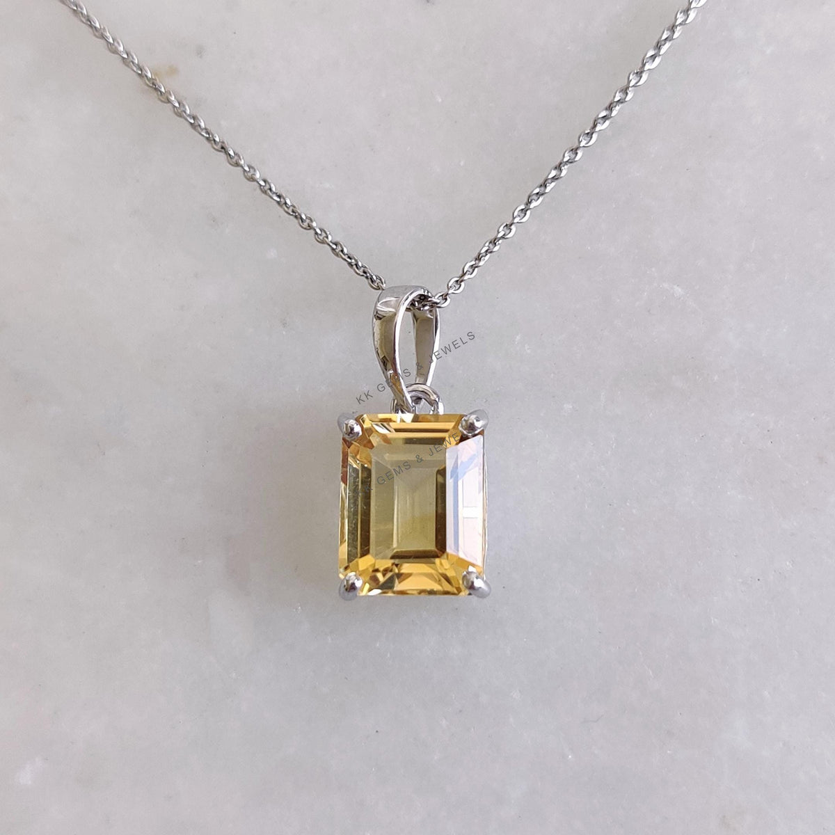 Natural Citrine Pendant, 14K Solid White Gold Emerald Cut, November Birthstone
