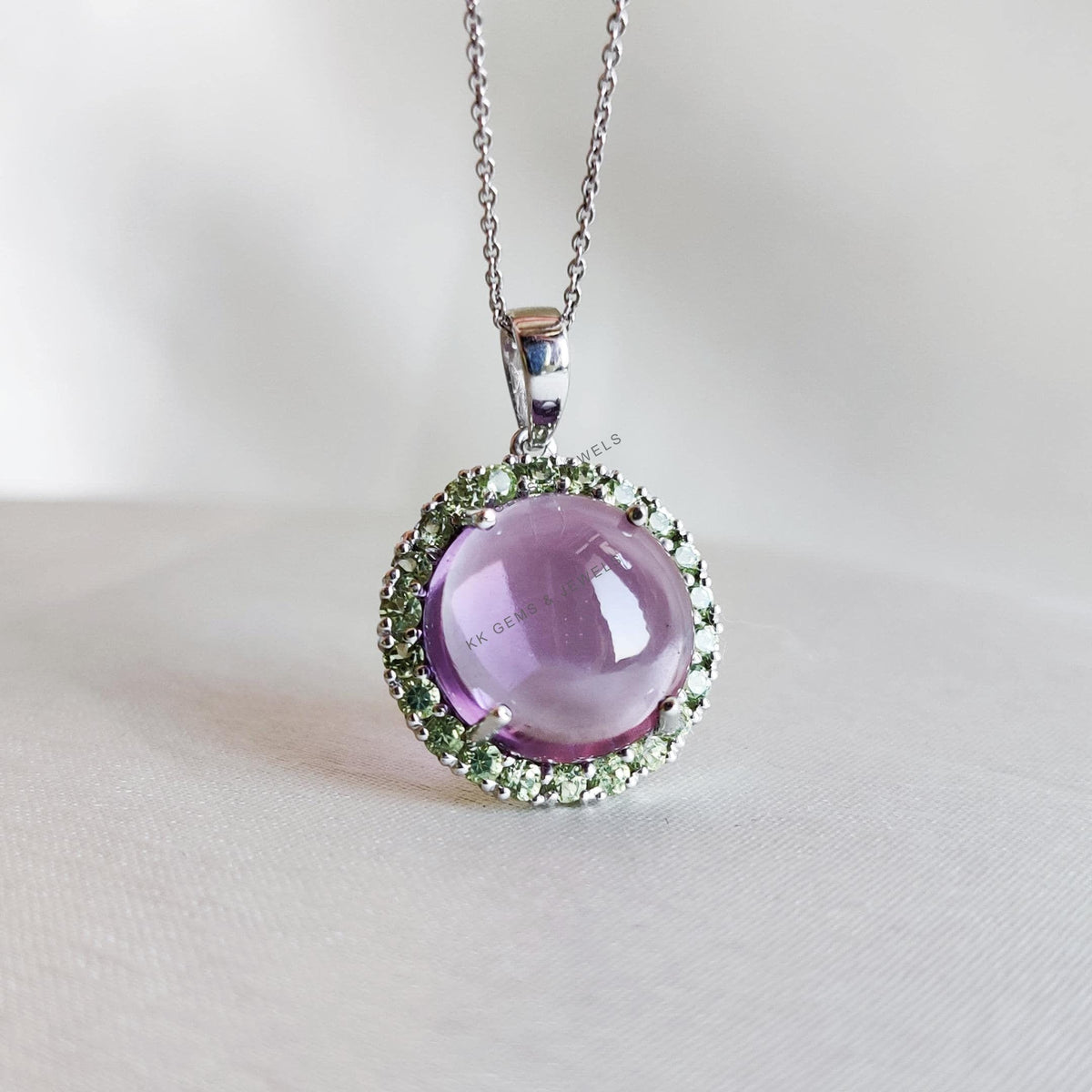Natural Purple Amethyst & Peridot Pendant, 14K Solid White Gold Pendant, Round Cabochon Halo Jewelry