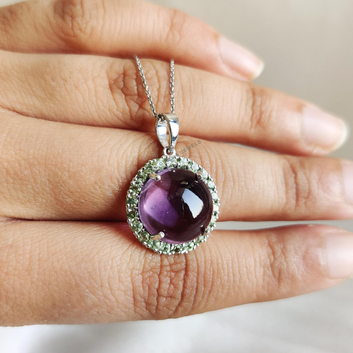 Natural Purple Amethyst & Peridot Pendant, 14K Solid White Gold Pendant, Round Cabochon Halo Jewelry
