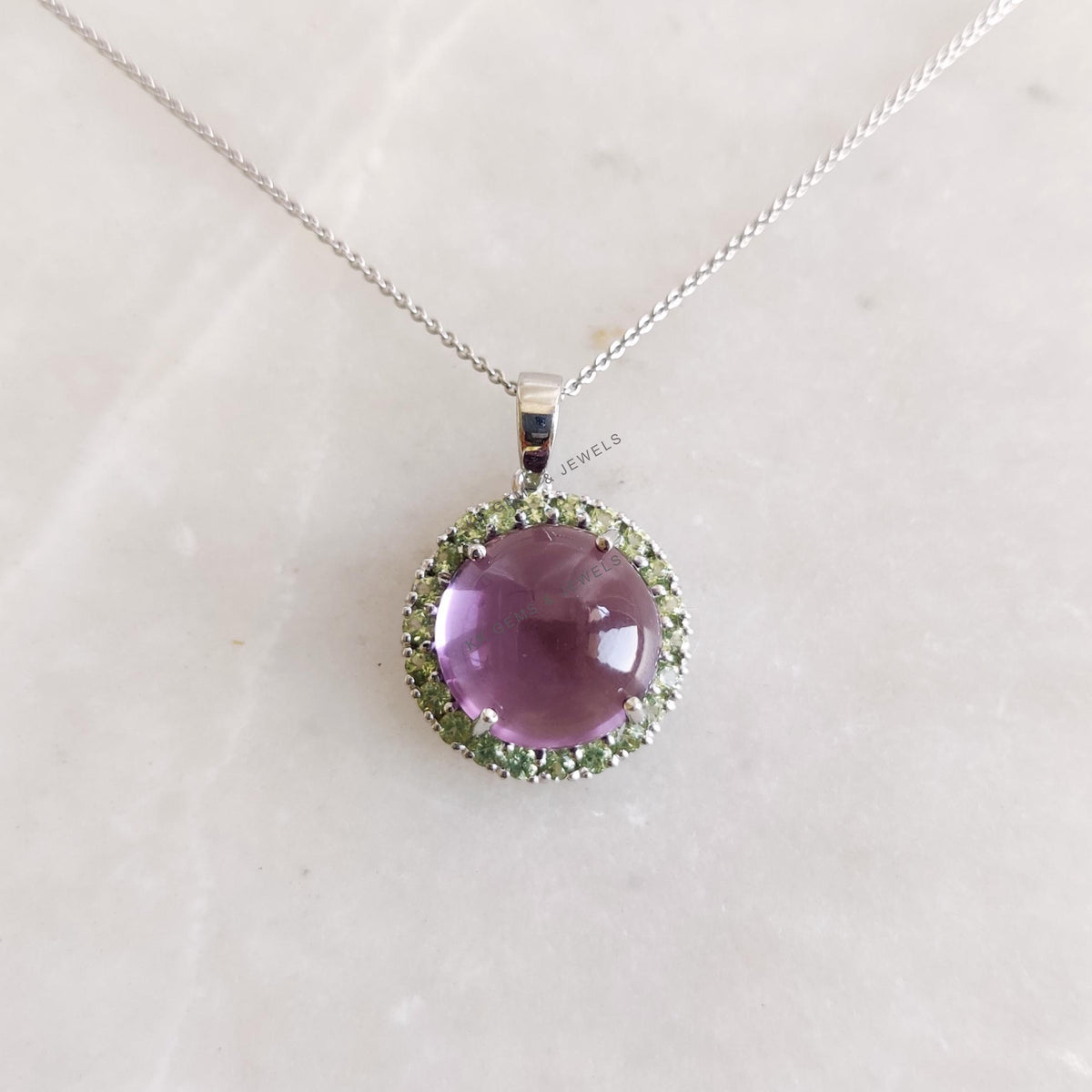 Natural Purple Amethyst & Peridot Pendant, 14K Solid White Gold Pendant, Round Cabochon Halo Jewelry