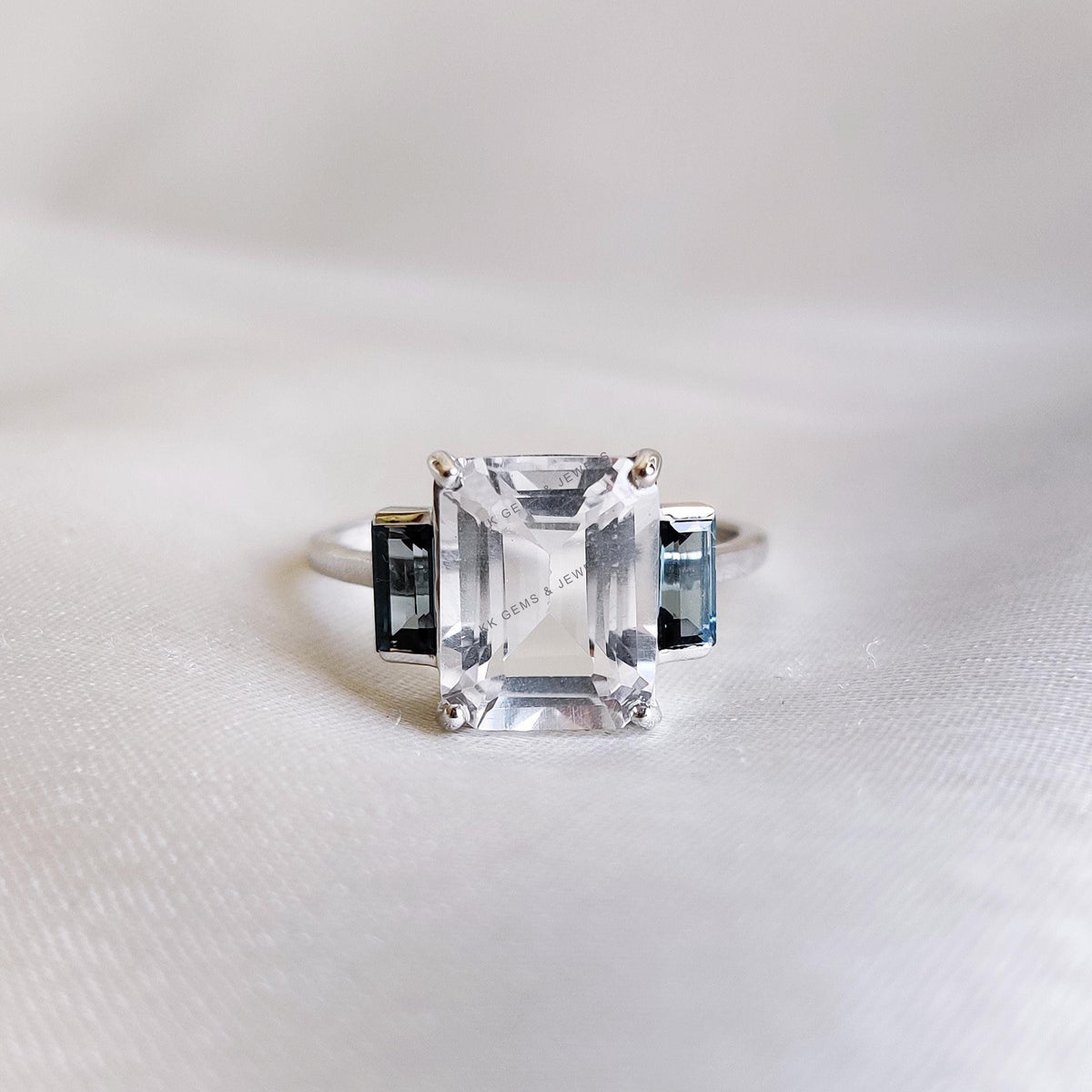 Natural White Topaz & London Blue Topaz 14K Solid White Gold Statement Ring