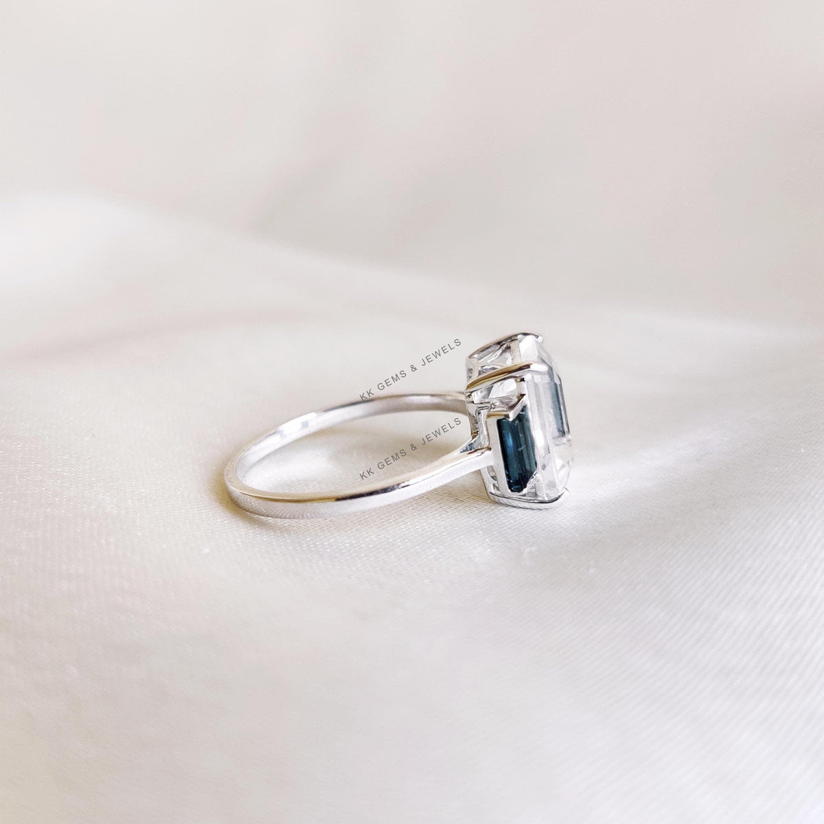 Natural White Topaz & London Blue Topaz 14K Solid White Gold Statement Ring