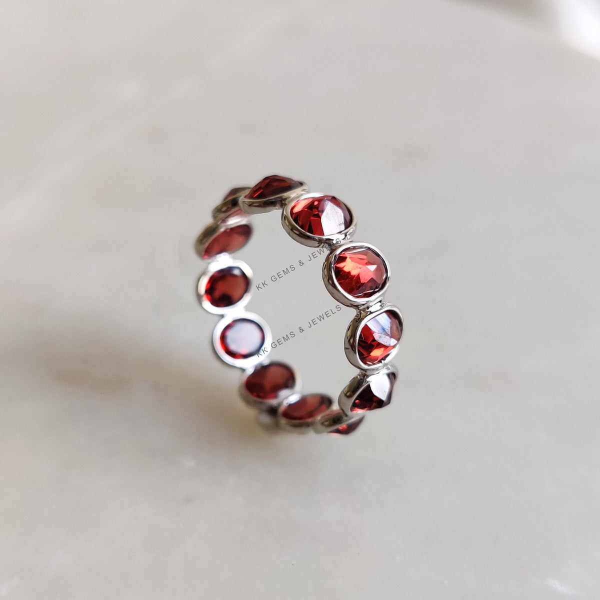 Natural Garnet Ring, 14K Solid White Gold Bezel Ring, January Birthstone