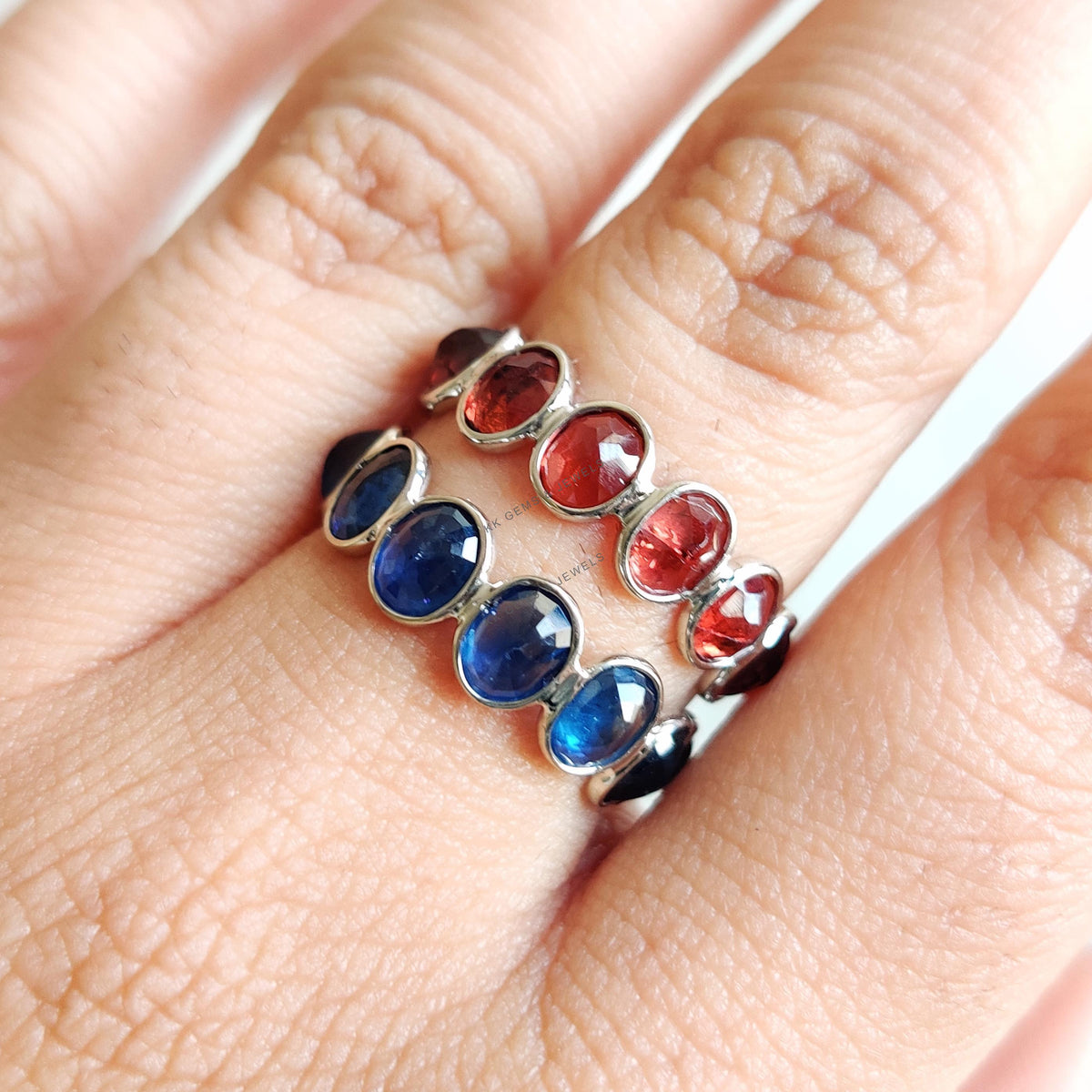 Natural Garnet Ring, 14K Solid White Gold Bezel Ring, January Birthstone