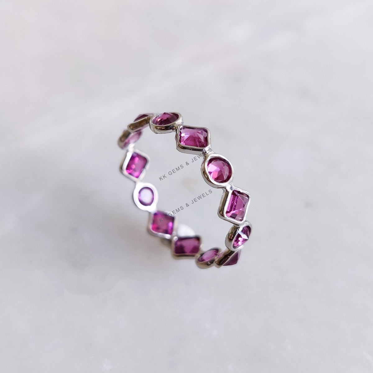 Natural Rhodolite Garnet Infinity Ring, 14K Solid White Gold Bezel Band, January Birthstone