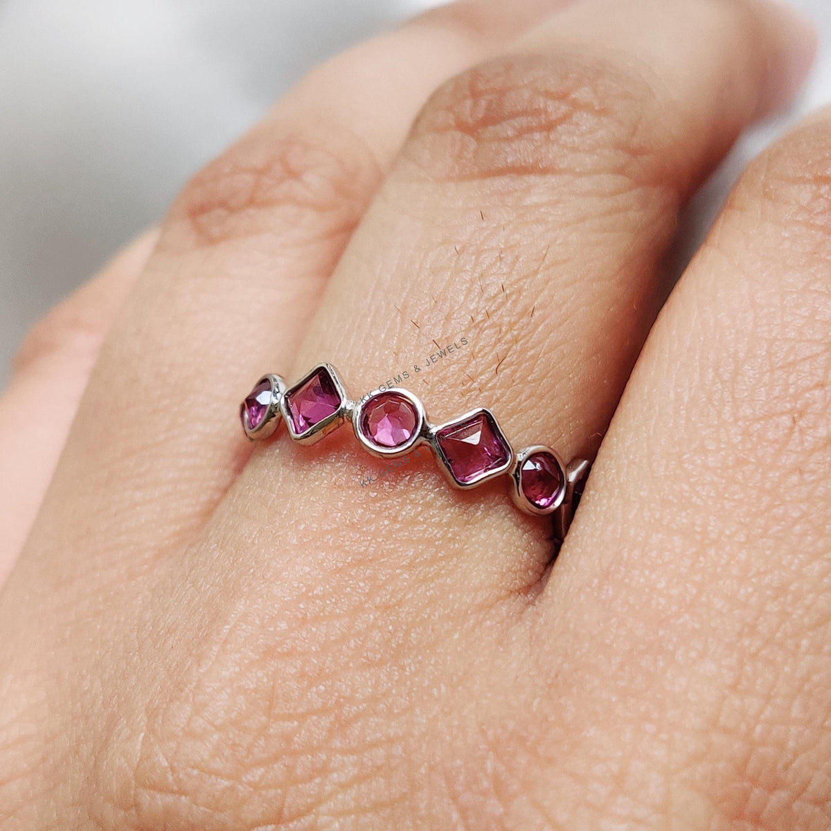 Natural Rhodolite Garnet Infinity Ring, 14K Solid White Gold Bezel Band, January Birthstone
