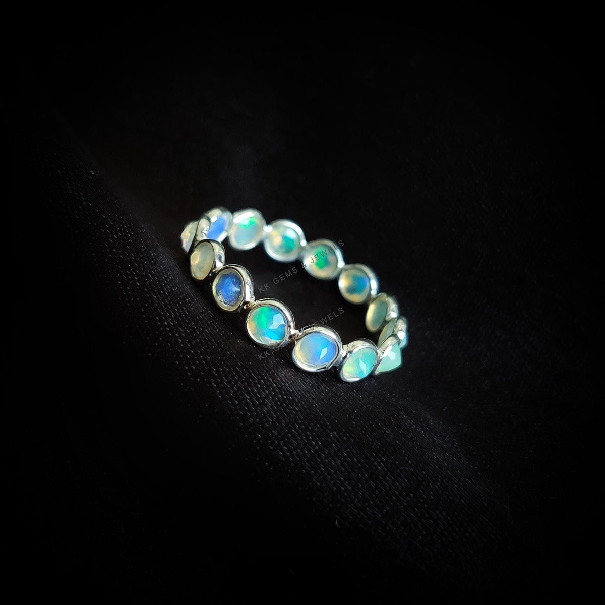 Natural Ethiopian Opal Ring, 14K Solid White Gold Bezel Infinity Band