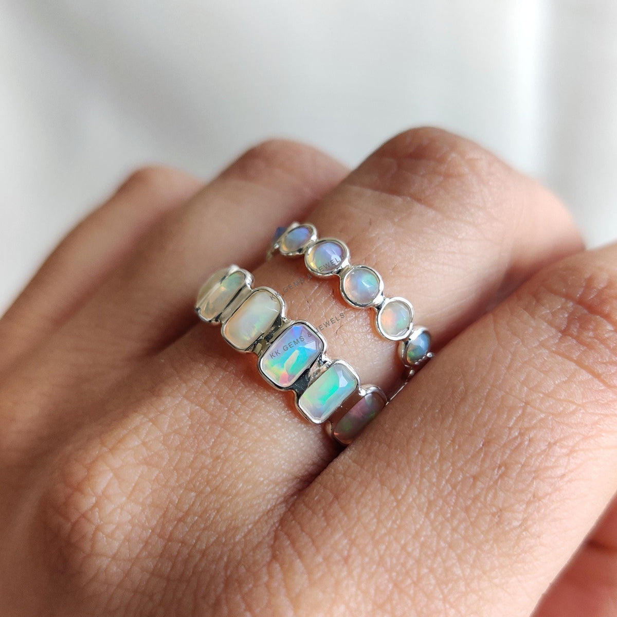 Natural Ethiopian Opal Ring, 14K Solid White Gold Bezel Infinity Band
