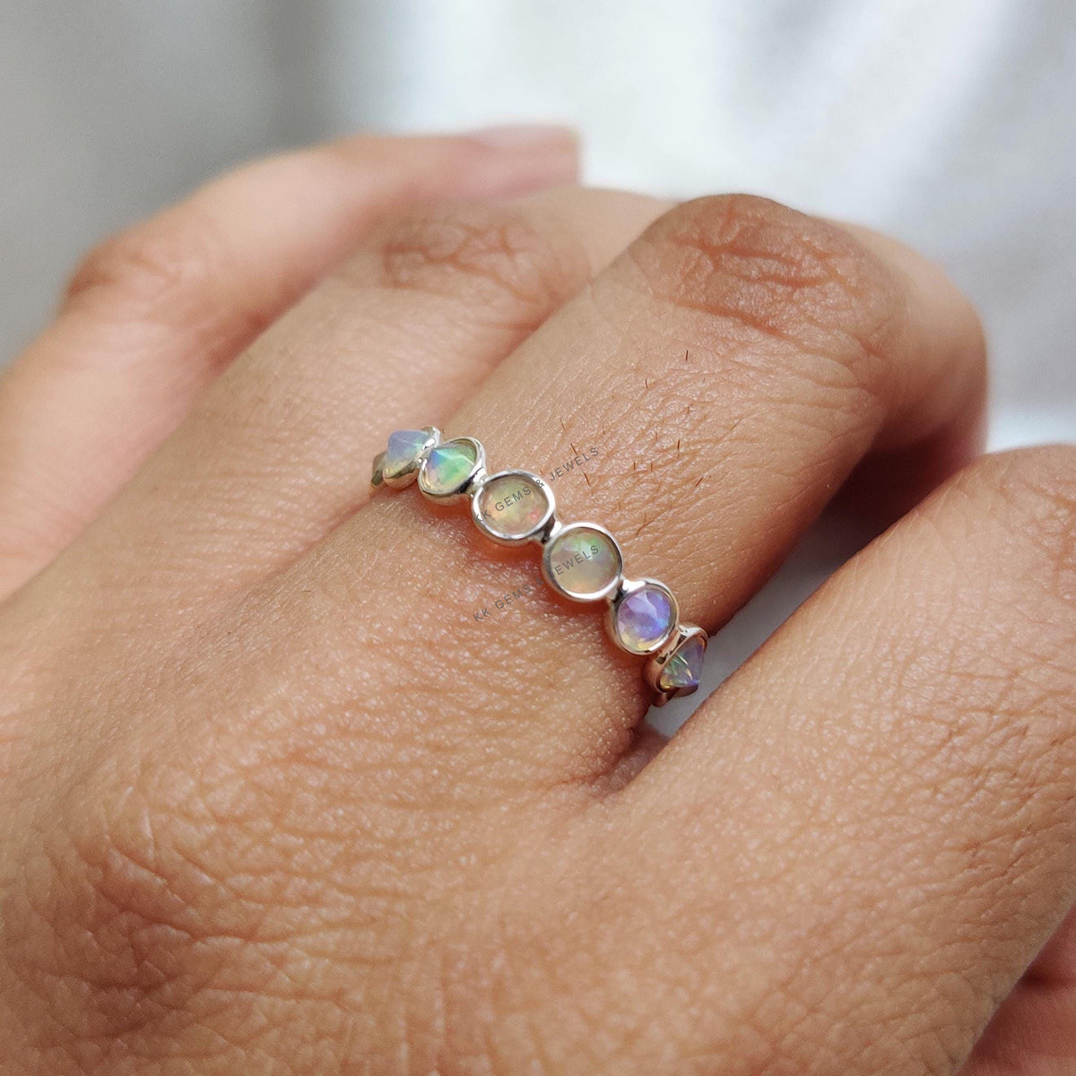 Natural Ethiopian Opal Ring, 14K Solid White Gold Bezel Infinity Band