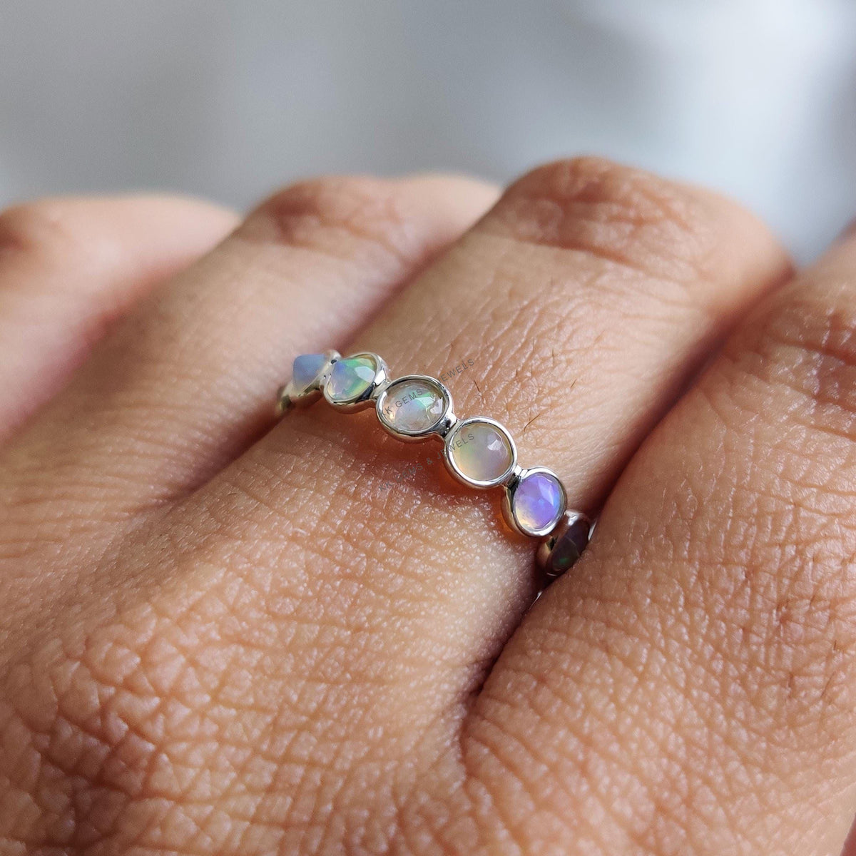 Natural Ethiopian Opal Ring, 14K Solid White Gold Bezel Infinity Band