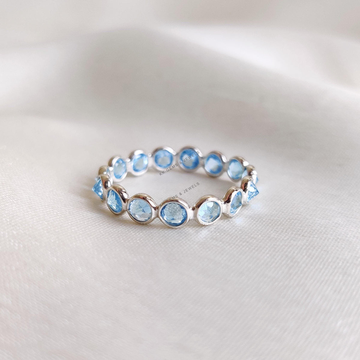 Natural Swiss Blue Topaz Ring, 14K Solid White Gold Bezel Infinity Band