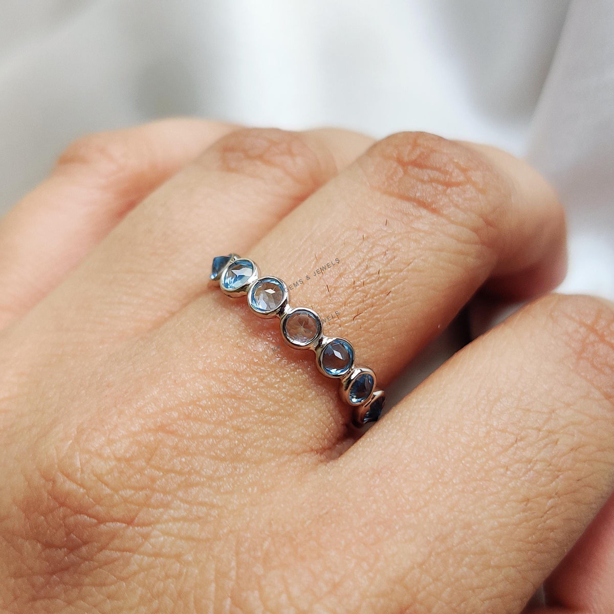 Natural Swiss Blue Topaz Ring, 14K Solid White Gold Bezel Infinity Band