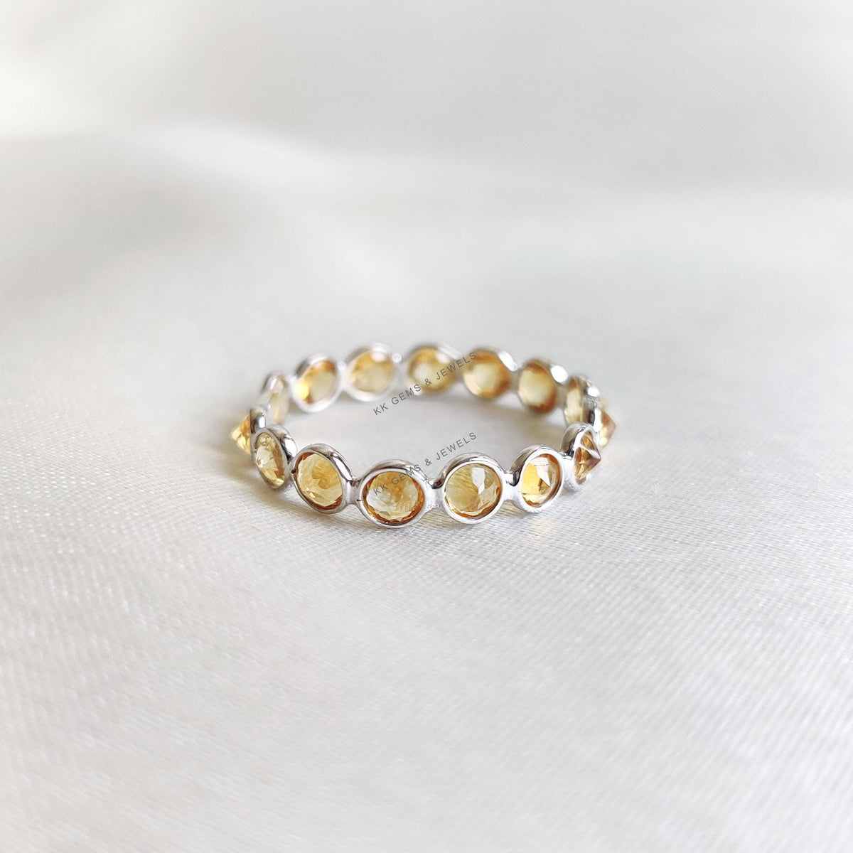 Natural Citrine 14K Solid White Gold Ring, Bezel Eternity Band