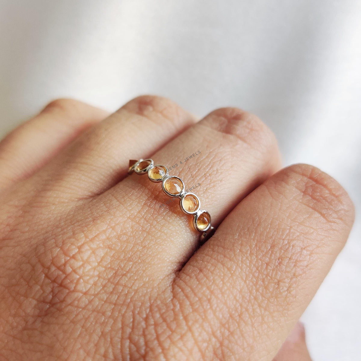 Natural Citrine 14K Solid White Gold Ring, Bezel Eternity Band