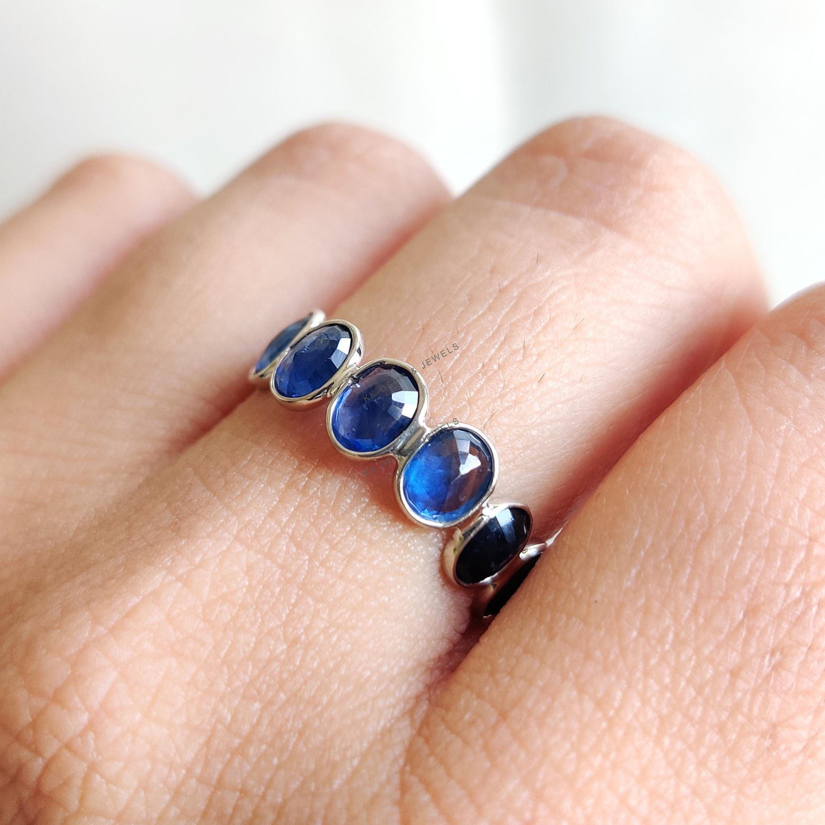 Natural Blue Sapphire 14K Solid White Gold Bezel Infinity Ring, September Birthstone