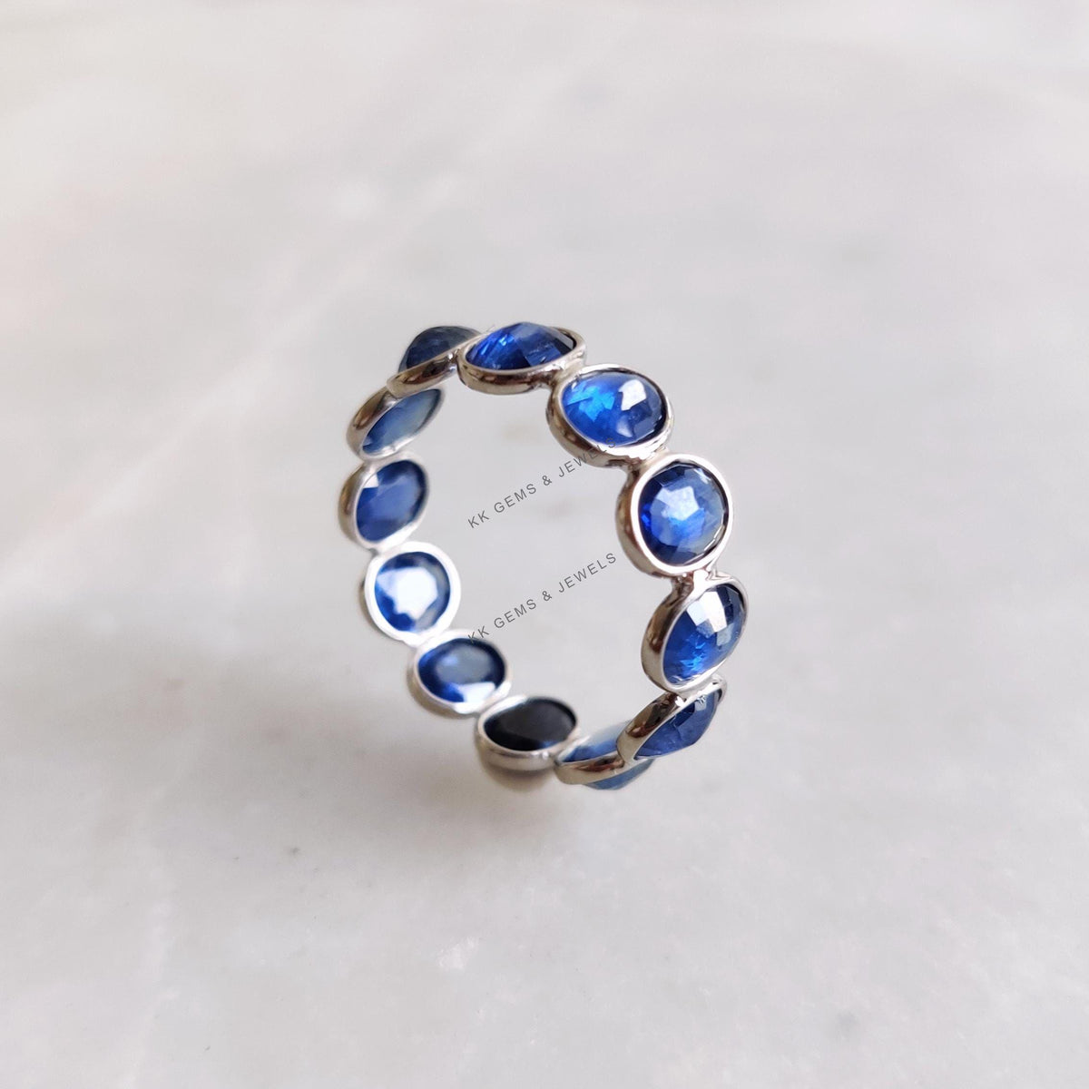 Natural Blue Sapphire 14K Solid White Gold Bezel Infinity Ring, September Birthstone