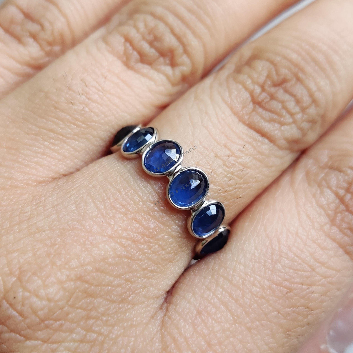 Natural Blue Sapphire 14K Solid White Gold Bezel Infinity Ring, September Birthstone