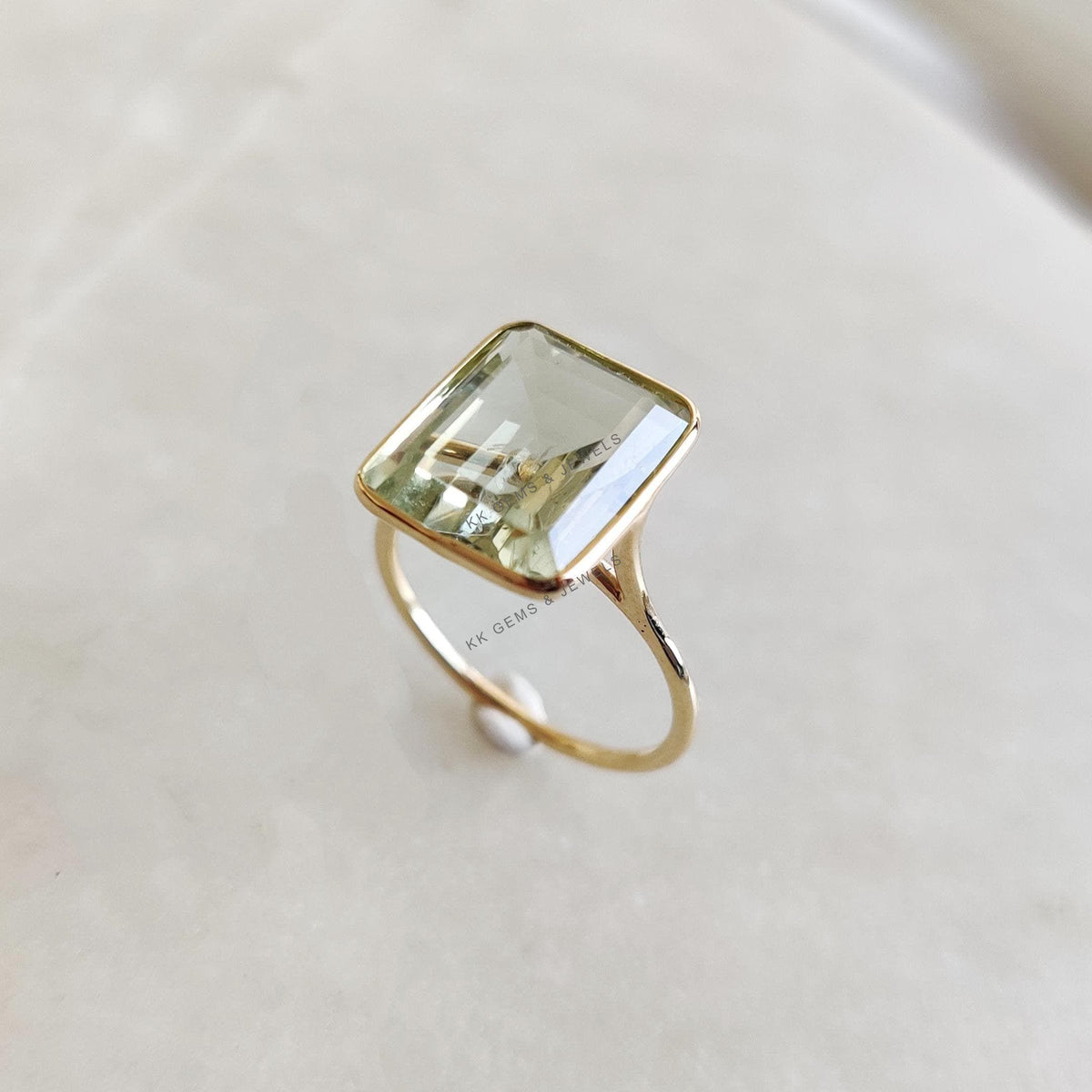 14K Solid Gold Natural Green Amethyst Ring: Octagon Bezel Ring, February Birthstone