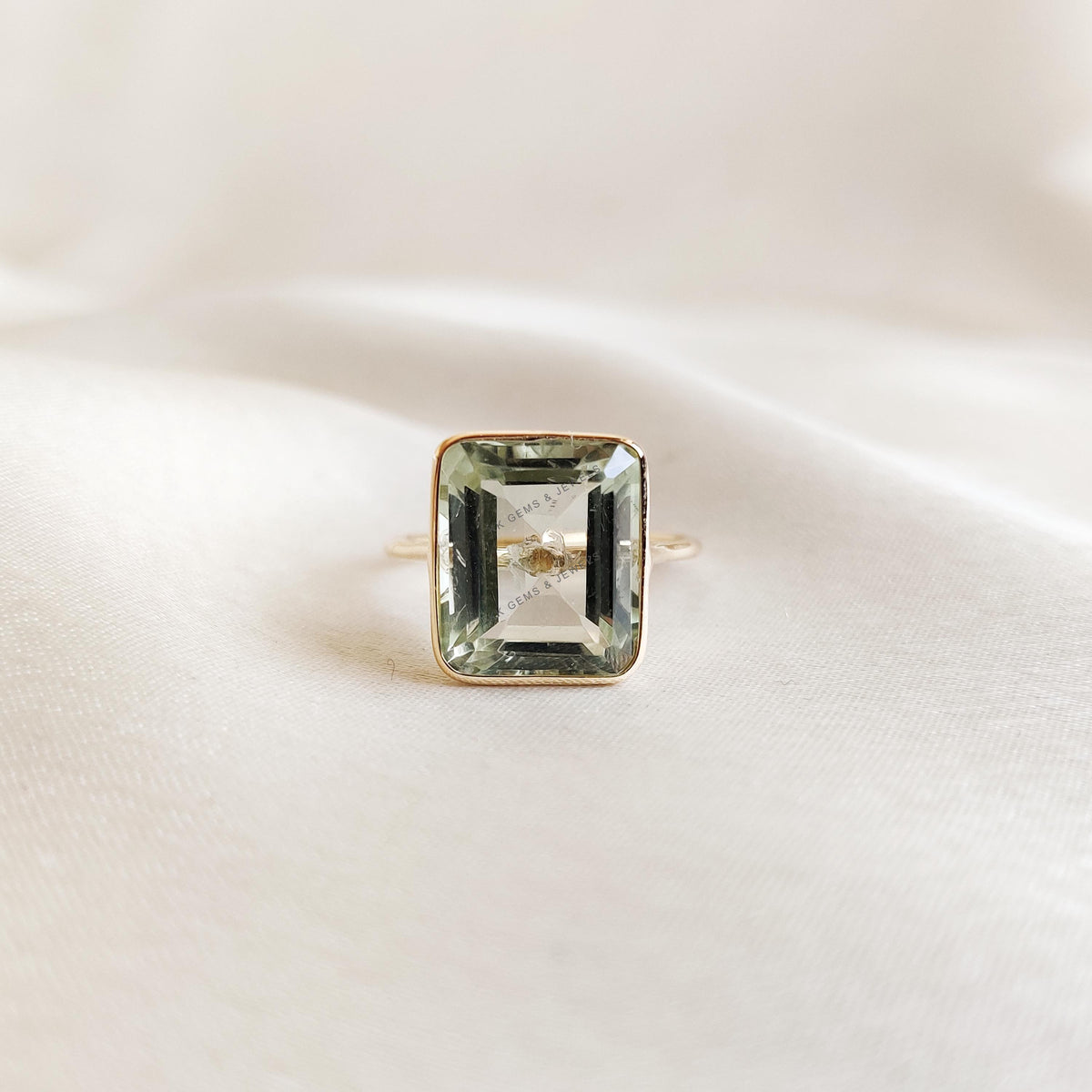 14K Solid Gold Natural Green Amethyst Ring: Octagon Bezel Ring, February Birthstone