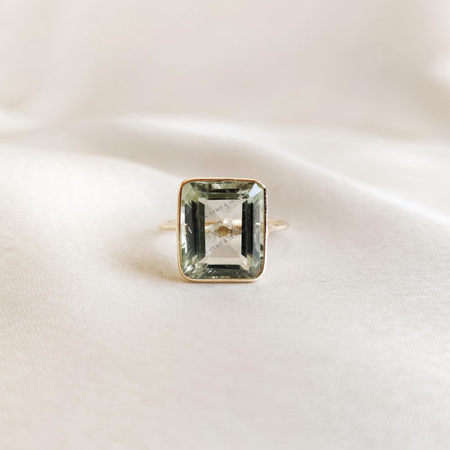 14K Solid Gold Natural Green Amethyst Ring: Octagon Bezel Ring, February Birthstone