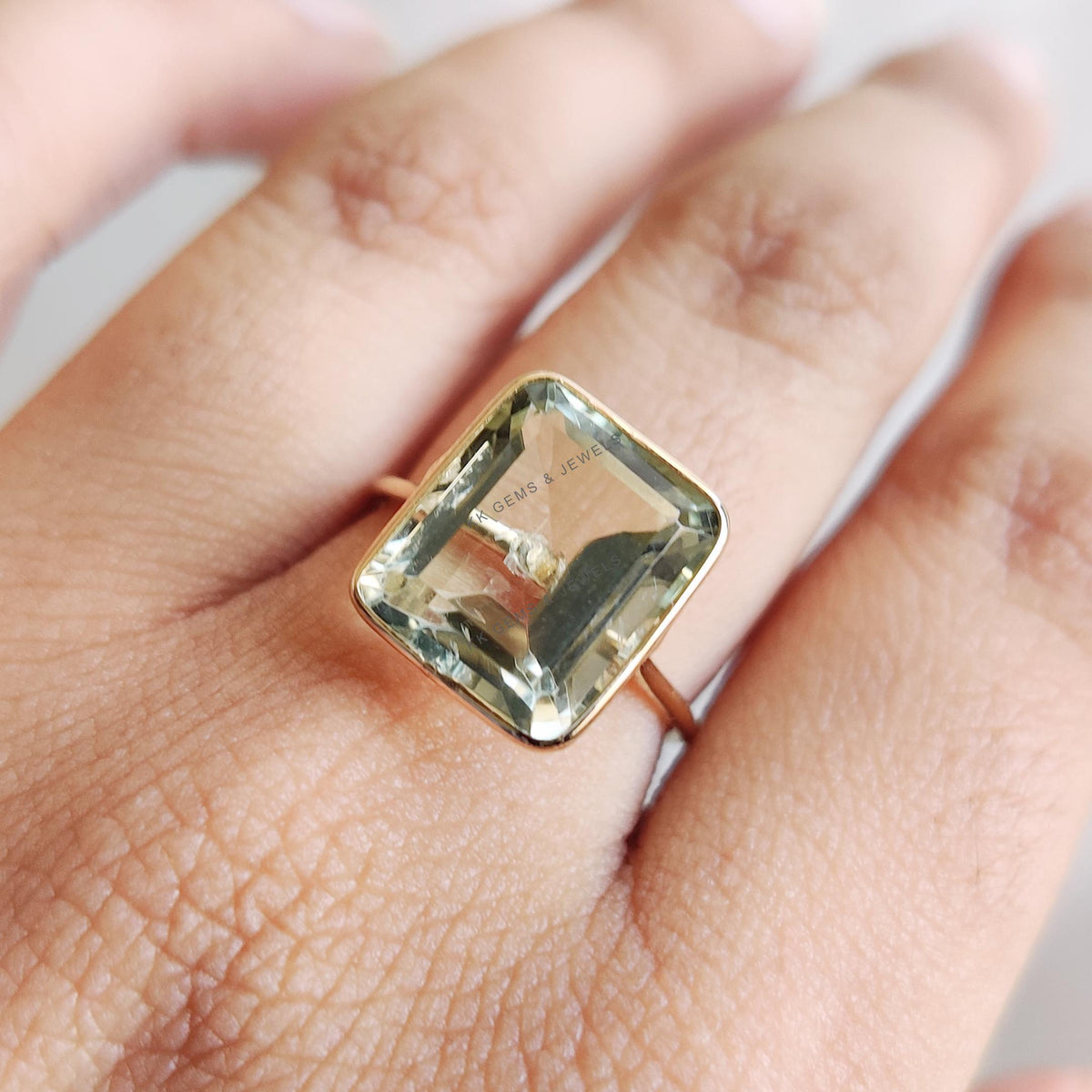 14K Solid Gold Natural Green Amethyst Ring: Octagon Bezel Ring, February Birthstone