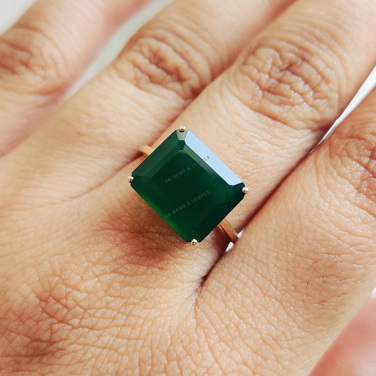 14K Solid Gold Natural Green Onyx Ring, Octagon Prong Setting Ring
