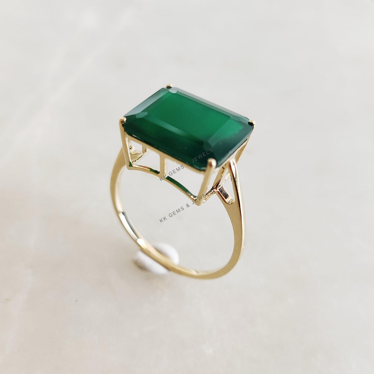 14K Solid Gold Natural Green Onyx Ring, Octagon Prong Setting Ring
