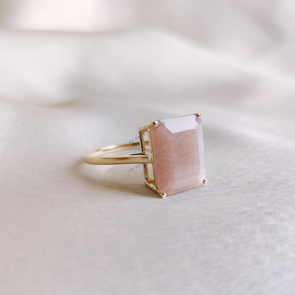 Natural Peach Moonstone Ring, 14K Solid Yellow Gold, Octagon Gemstone