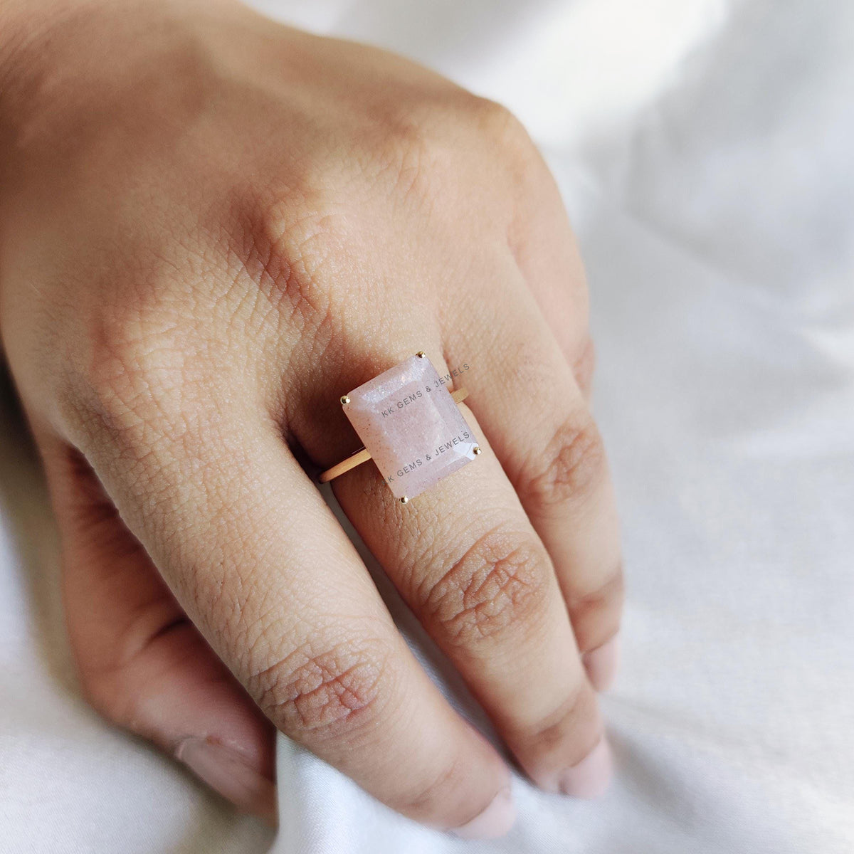 Natural Peach Moonstone Ring, 14K Solid Yellow Gold, Octagon Gemstone