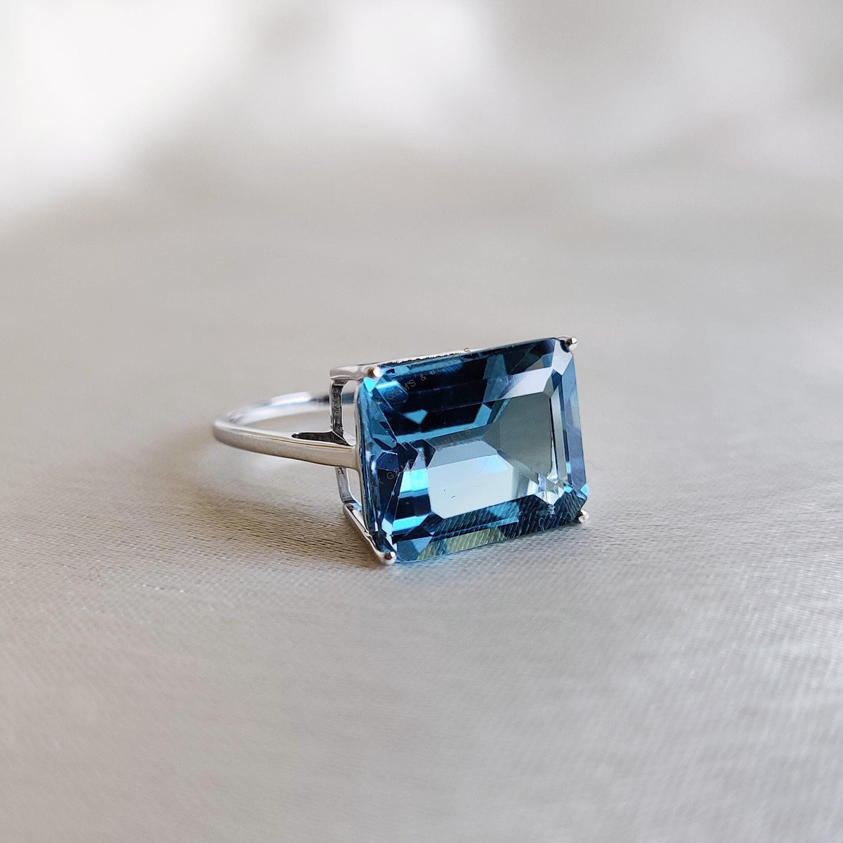 Natural London Blue Topaz Octagon Ring, 14K Solid White Gold, December Birthstone