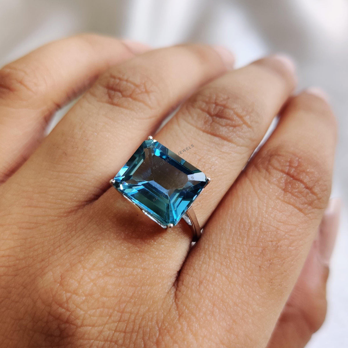 Natural London Blue Topaz Octagon Ring, 14K Solid White Gold, December Birthstone