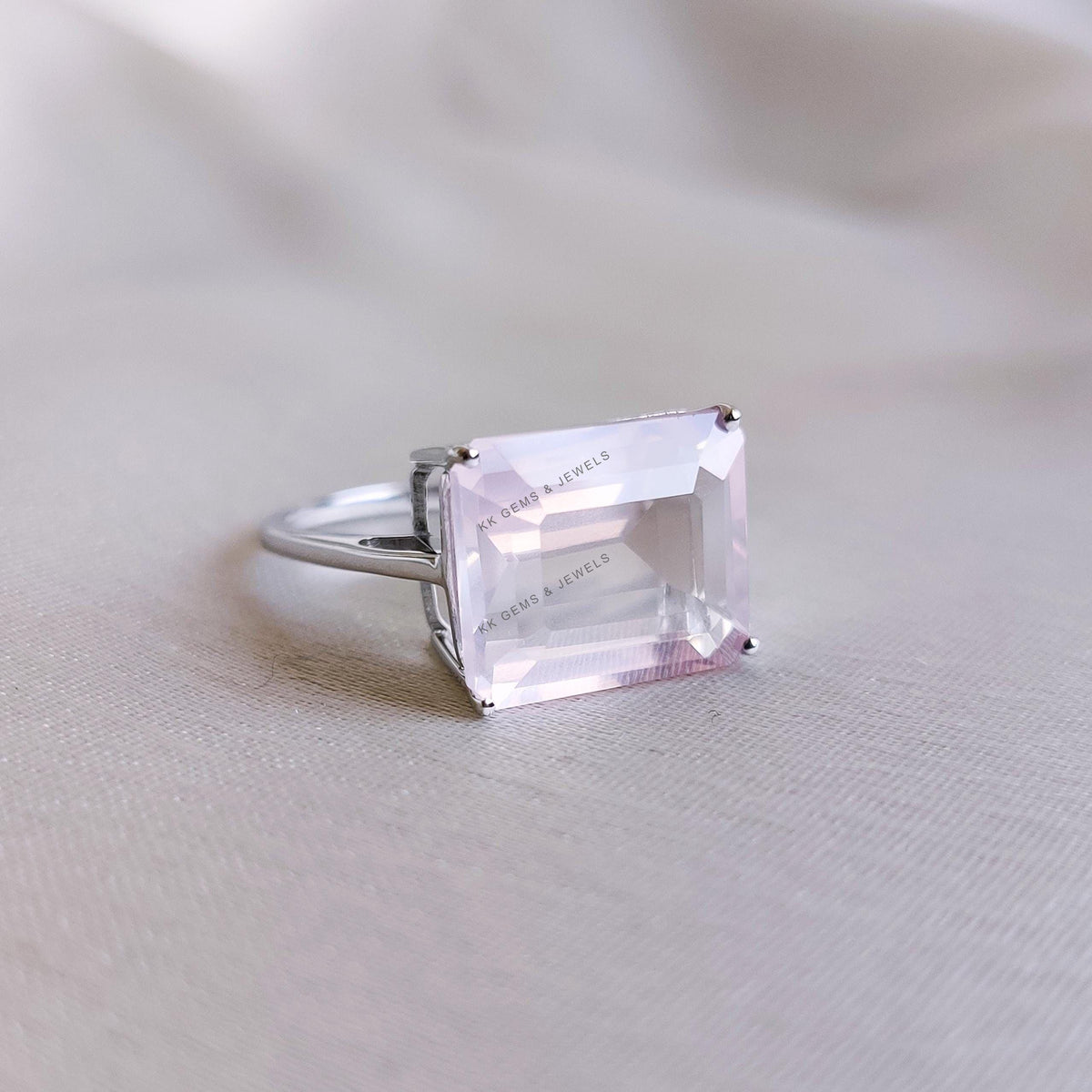 Natural Rose Quartz Octagon Ring: 14K Solid White Gold, January Birthstone