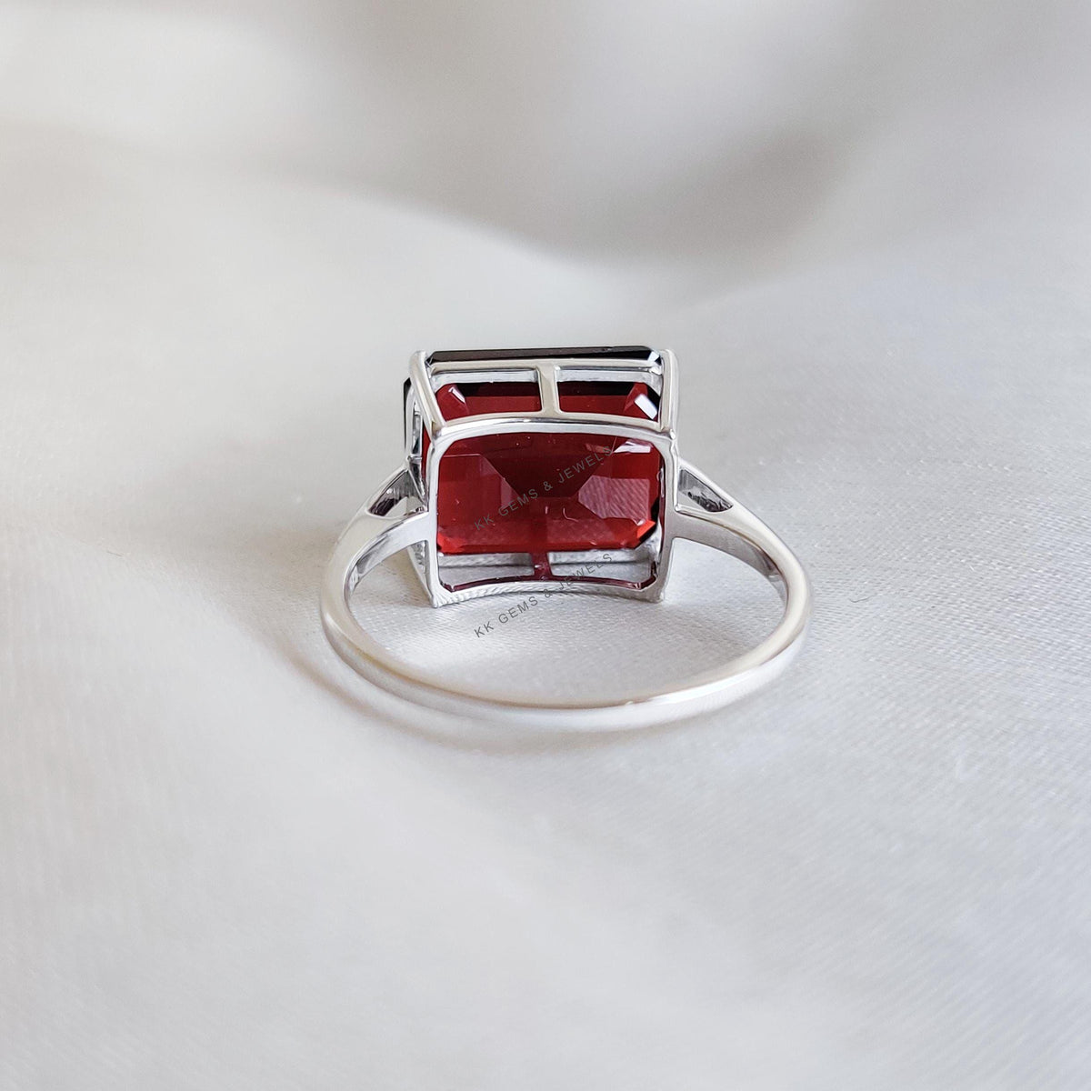 Natural Garnet Octagon Ring, 14K Solid White Gold, January Birthstone