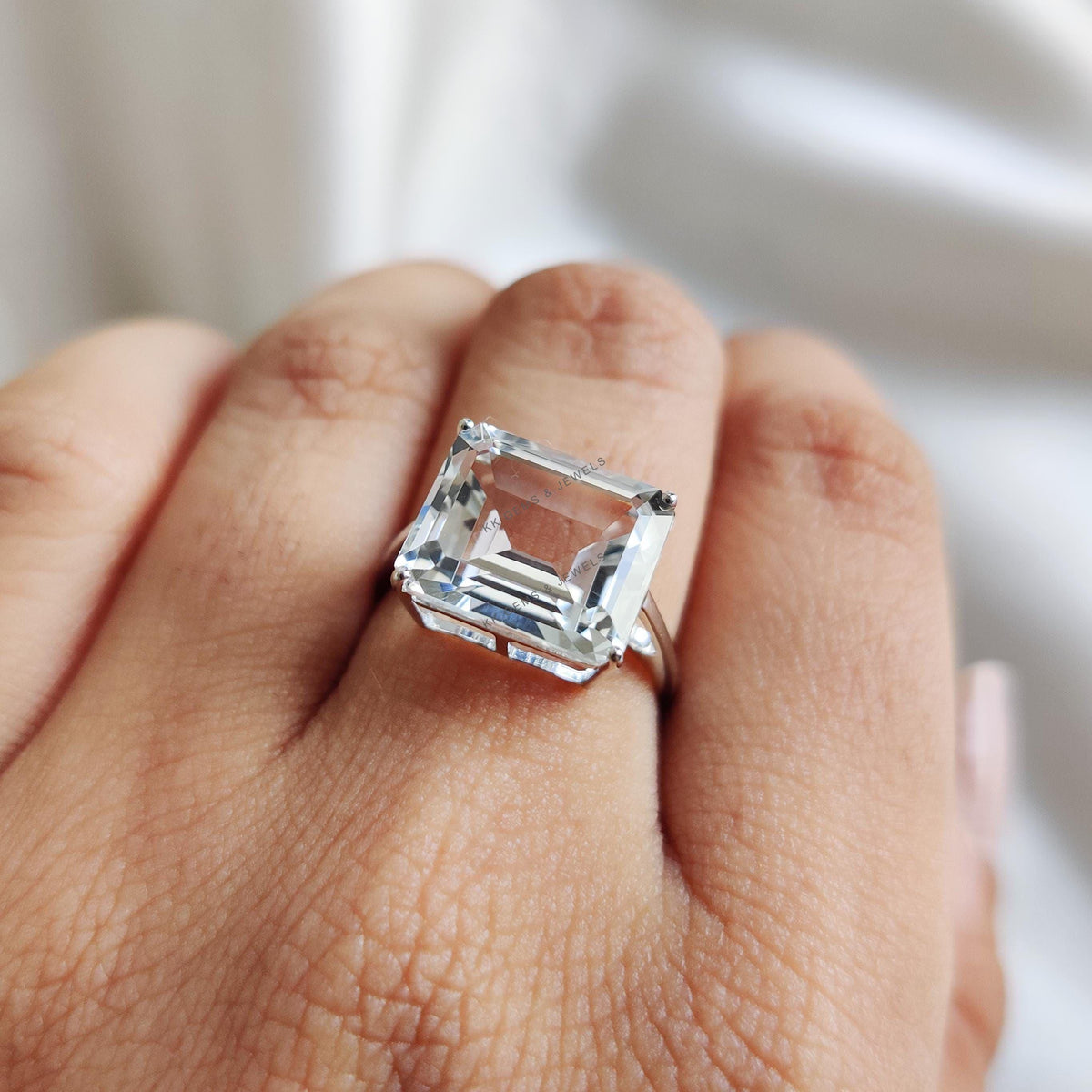 14K Solid White Gold Ring, Natural Octagon White Topaz, November Birthstone