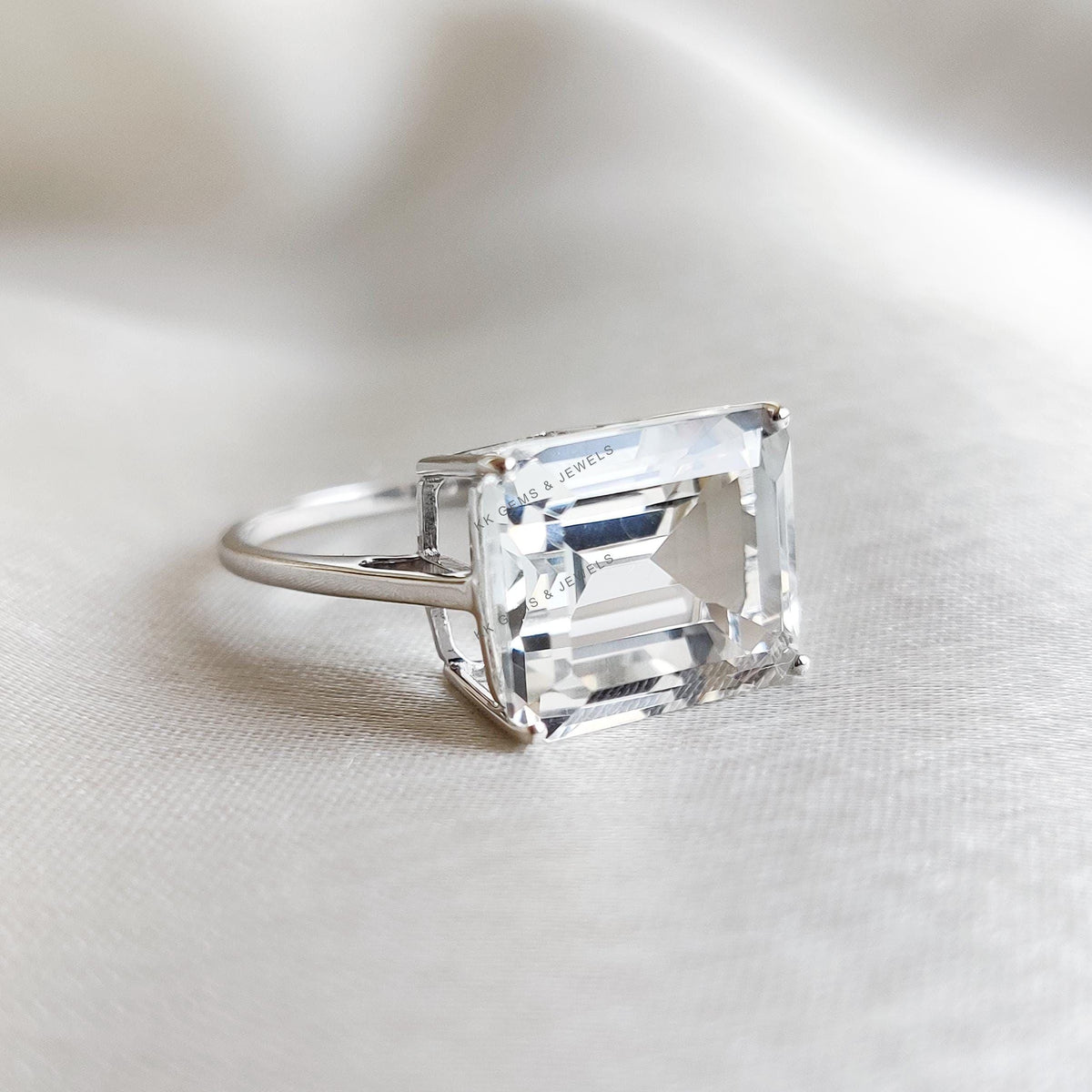 14K Solid White Gold Ring, Natural Octagon White Topaz, November Birthstone