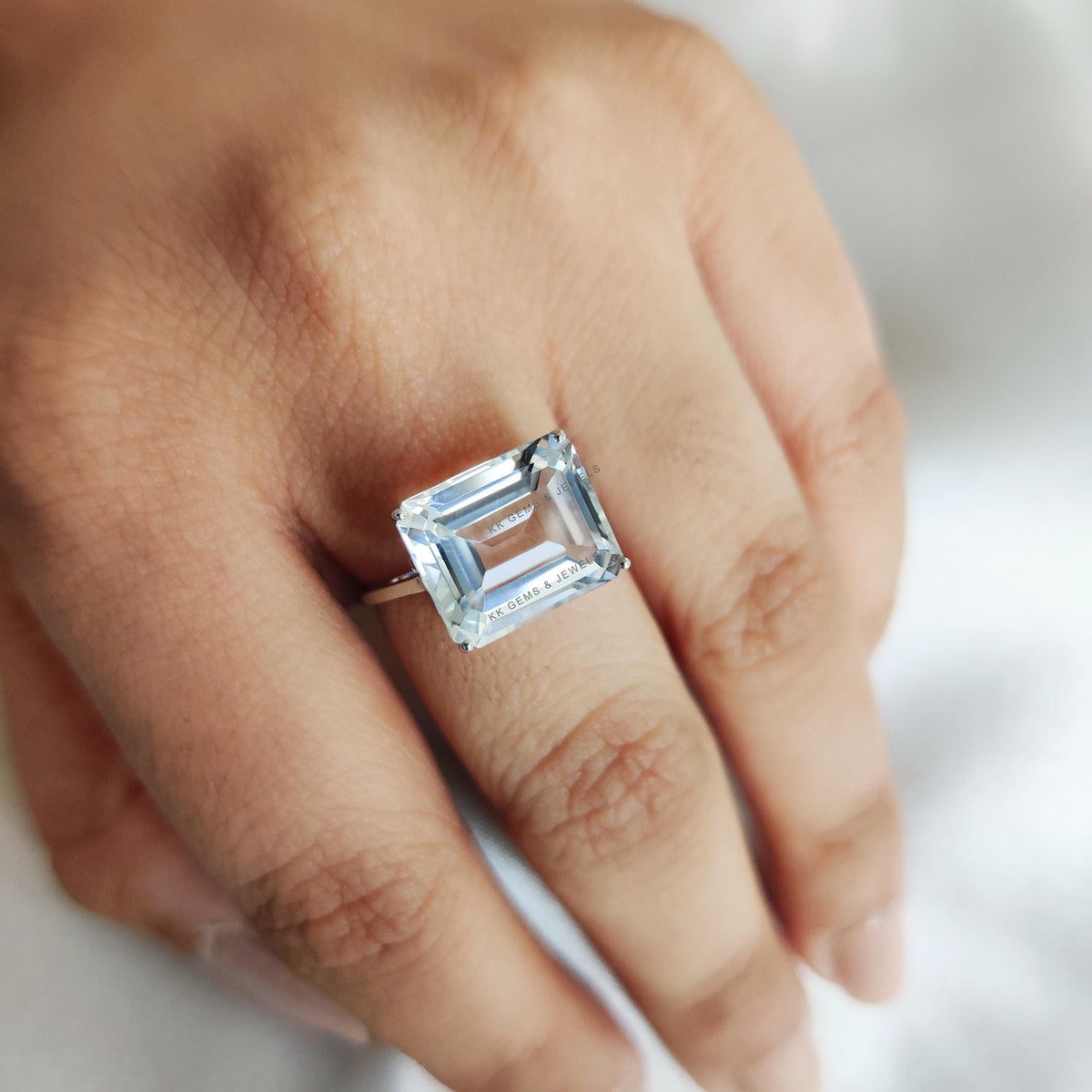 14K Solid White Gold Ring, Natural Octagon White Topaz, November Birthstone