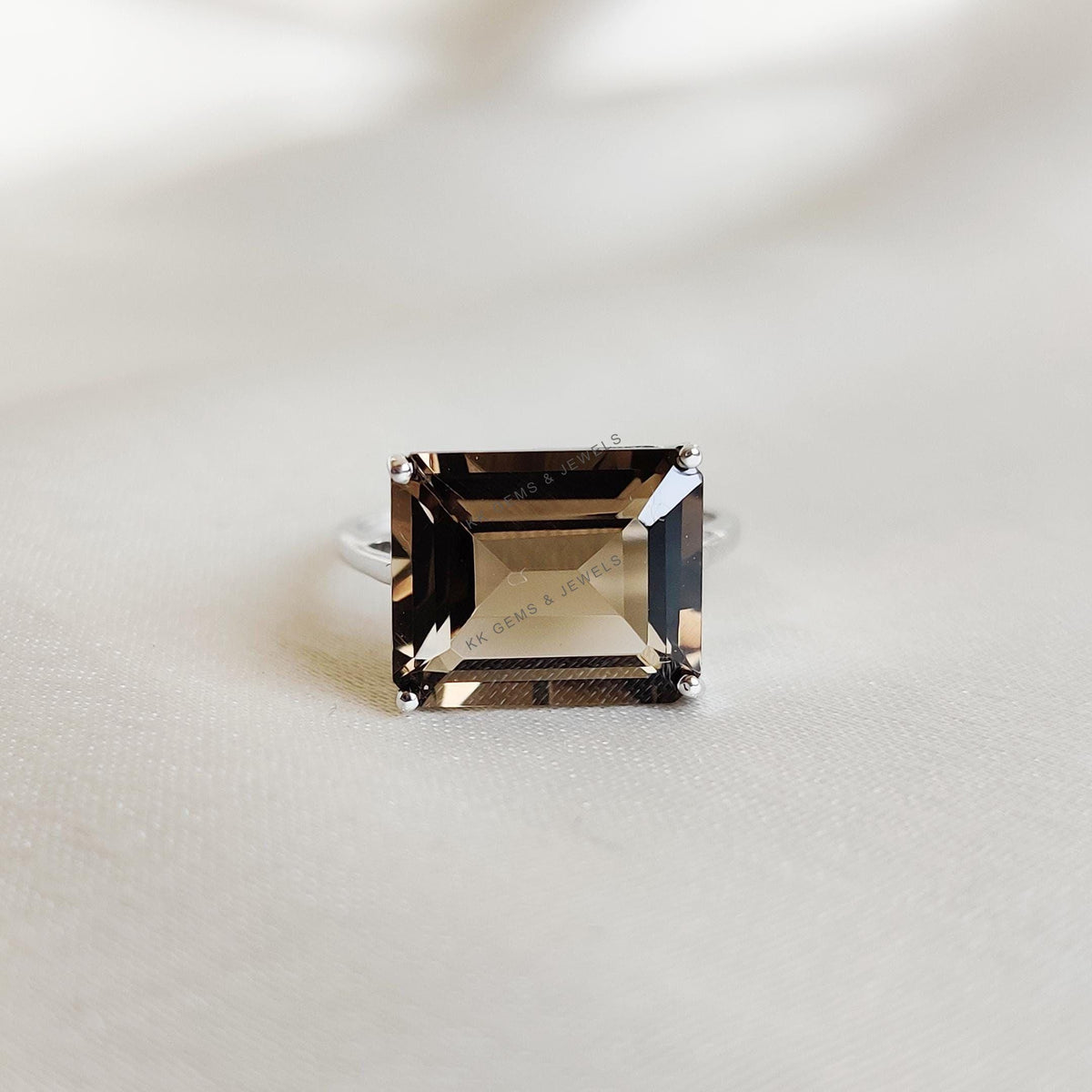 Natural Smoky Quartz Ring, 14K Solid White Gold Octagon Ring, June Birthstone