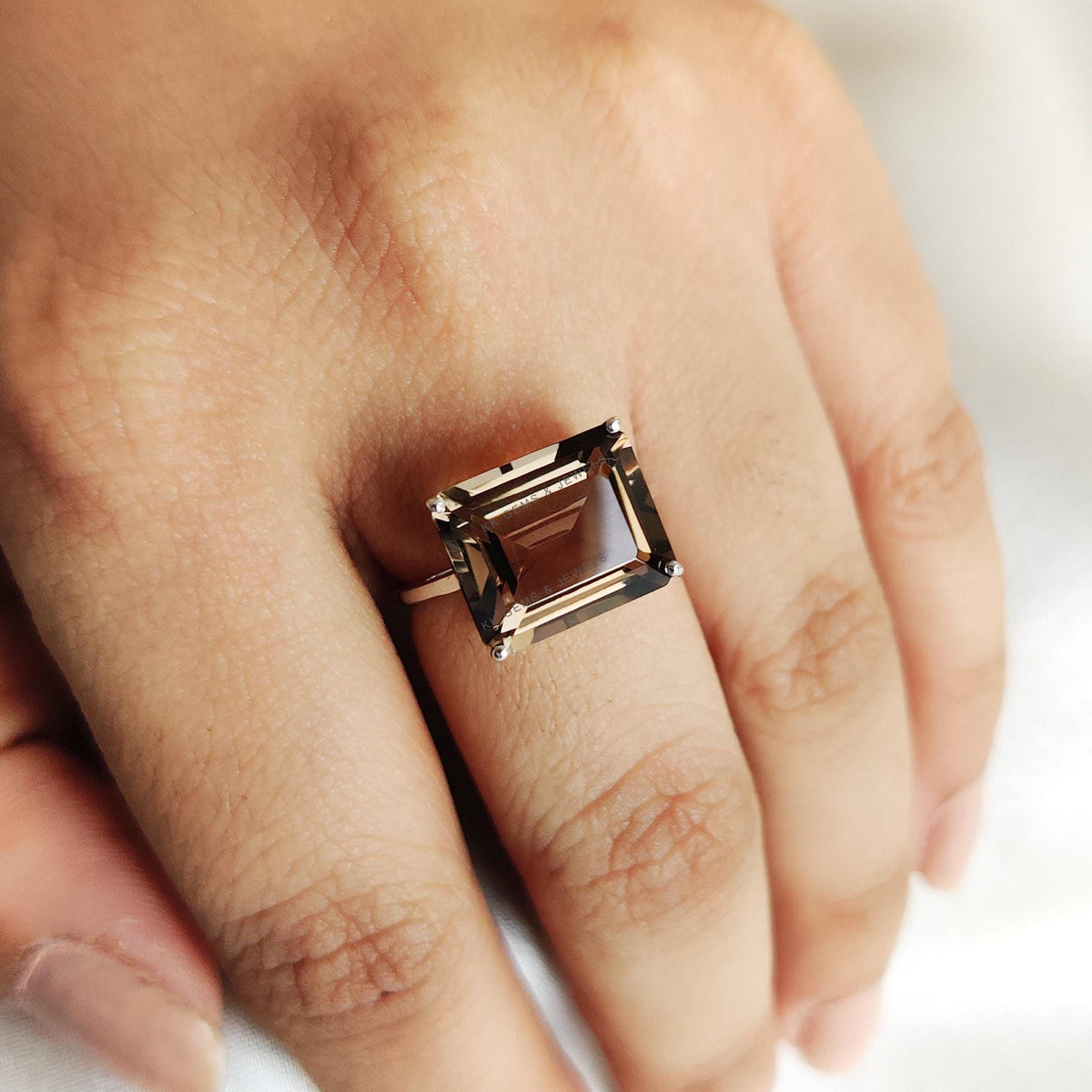 Natural Smoky Quartz Ring, 14K Solid White Gold Octagon Ring, June Birthstone