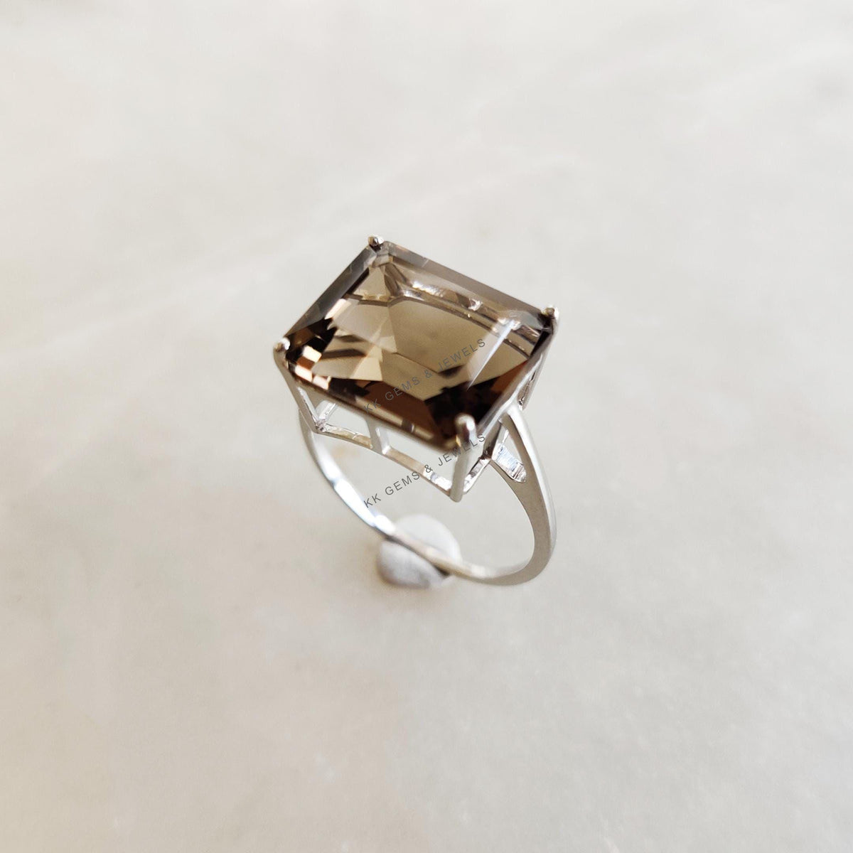 Natural Smoky Quartz Ring, 14K Solid White Gold Octagon Ring, June Birthstone
