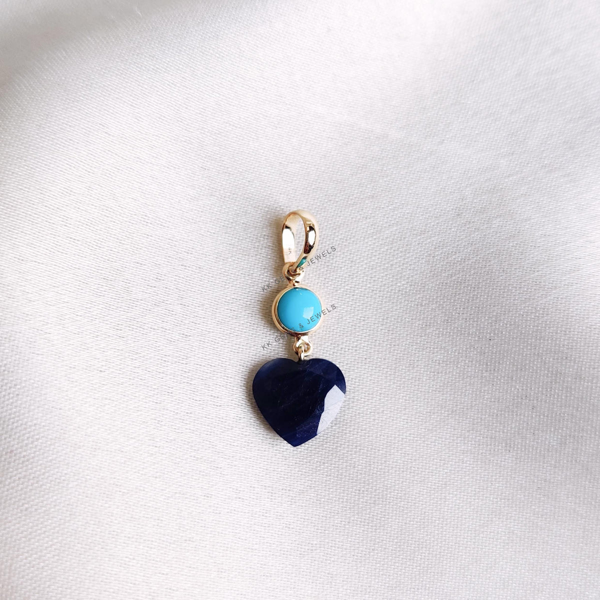 14K Solid Gold Natural Turquoise & Blue Sapphire Heart Pendant, September December Birthstone