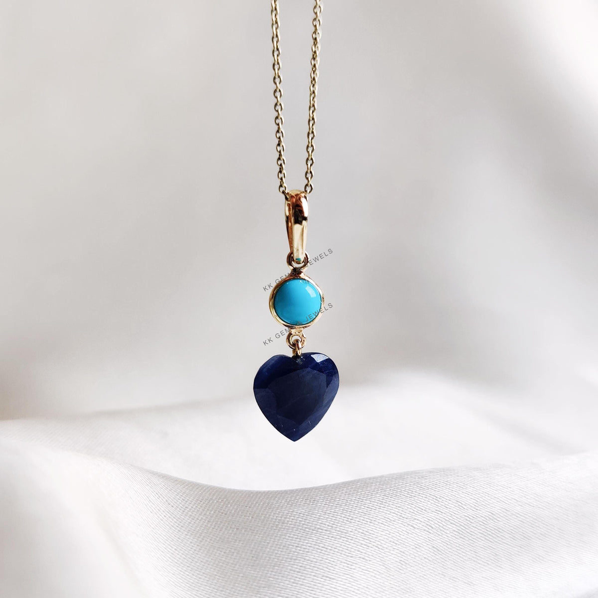 14K Solid Gold Natural Turquoise & Blue Sapphire Heart Pendant, September December Birthstone