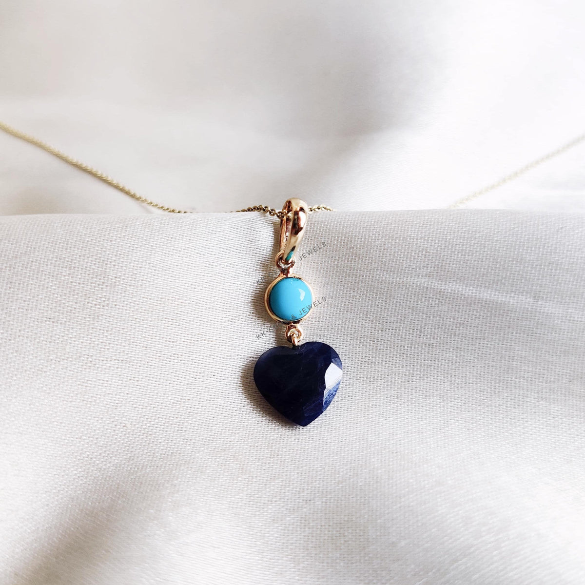 14K Solid Gold Natural Turquoise & Blue Sapphire Heart Pendant, September December Birthstone
