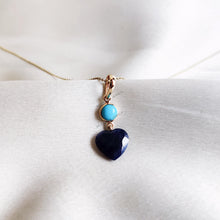 14K Solid Gold Natural Turquoise & Blue Sapphire Heart Pendant, September December Birthstone