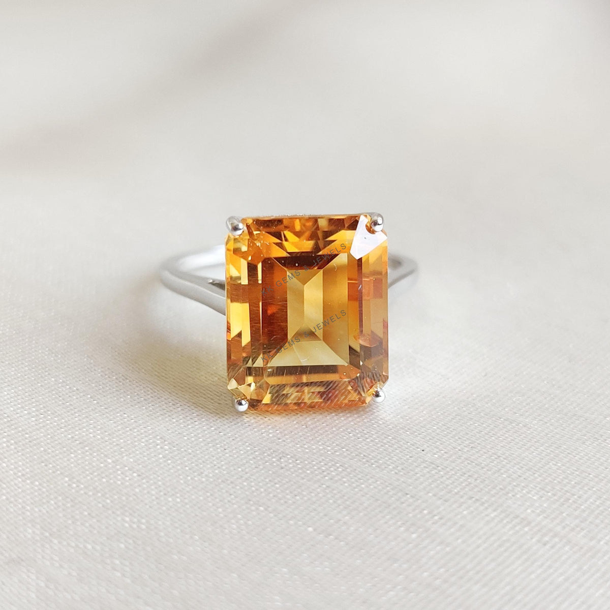 Natural Citrine Octagon Ring, 14K Solid White Gold, November Birthstone