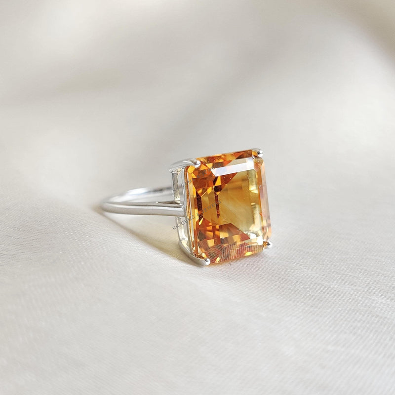 Natural Citrine Octagon Ring, 14K Solid White Gold, November Birthstone